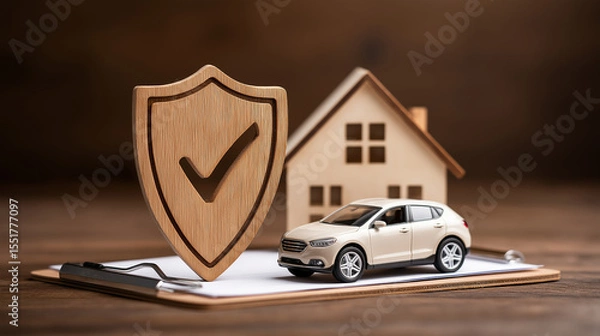 Fototapeta Property and Auto Insurance Protection Concept, Wooden Shield with Home and Car Models, Asset Security Visualization, Comprehensive Coverage for Valuable Possessions