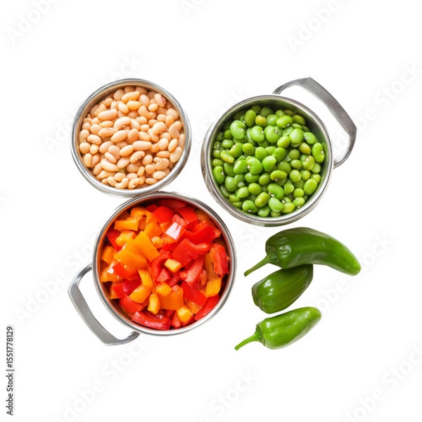 Obraz Overhead View of Three Small Pots with Assorted Beans, Peppers, and Jalapenos