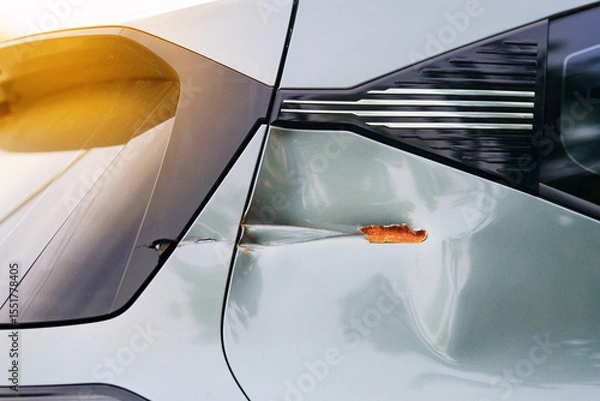 Fototapeta Damaged car rear panel, chipped paint, surface rust, deep dent near the trunk lid caused by minor collision and exposure to the elements. Broken decorative plastic panels of trunk lid. Selective focus
