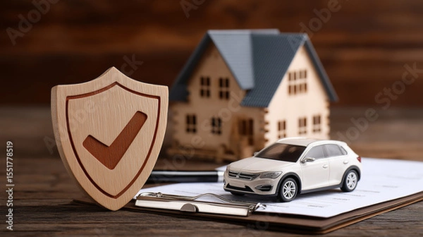 Fototapeta Property and Auto Insurance Protection Concept, Wooden Shield with Home and Car Models, Asset Security Visualization, Comprehensive Coverage for Valuable Possessions