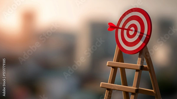 Fototapeta Bullseye Target on Top of Wooden Ladder, Strategic Goal Achievement Concept, Business Success and Precision Aim Visualization, Climbing to Reach High Objectives Metaphor