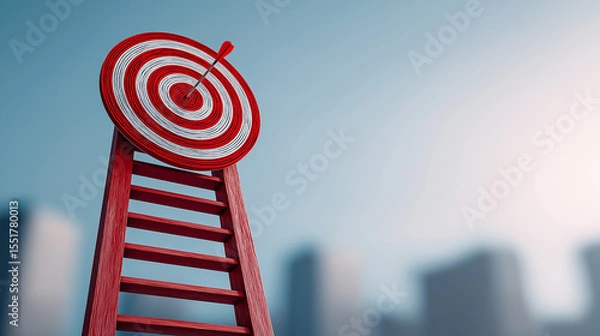 Fototapeta Bullseye Target on Top of Wooden Ladder, Strategic Goal Achievement Concept, Business Success and Precision Aim Visualization, Climbing to Reach High Objectives Metaphor