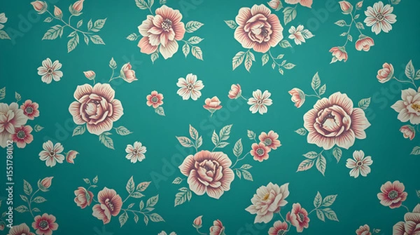 Obraz Vintage wallpaper-style background, faded floral patterns, muted pastel tones, light grainy texture, aged paper effect, soft vignette edges, 1950s aesthetic