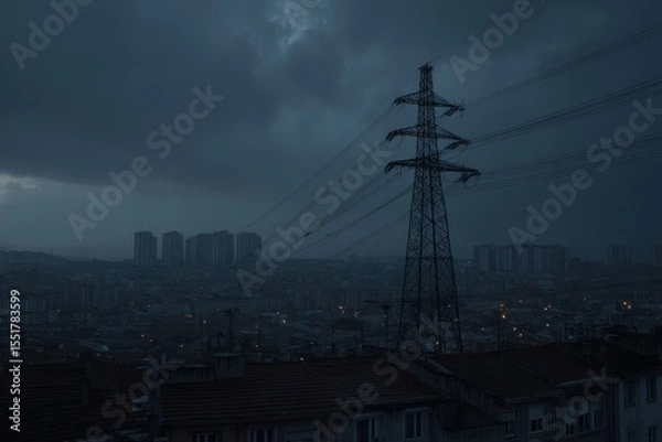 Fototapeta Blackout in Spain and Portugal shows dark cityscape with electricity pylon. European energy crisis. Power outage and infrastructure vulnerability at night. Power outage concept. MZ 