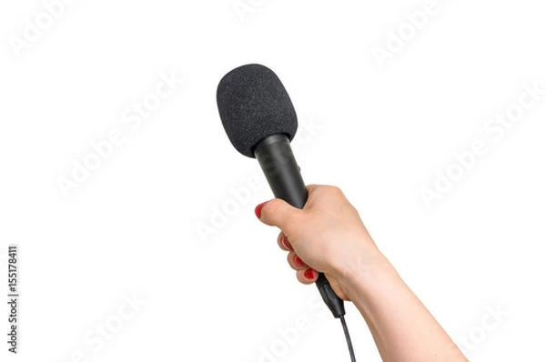 Fototapeta Hand of reporter with black microphone isolated on white