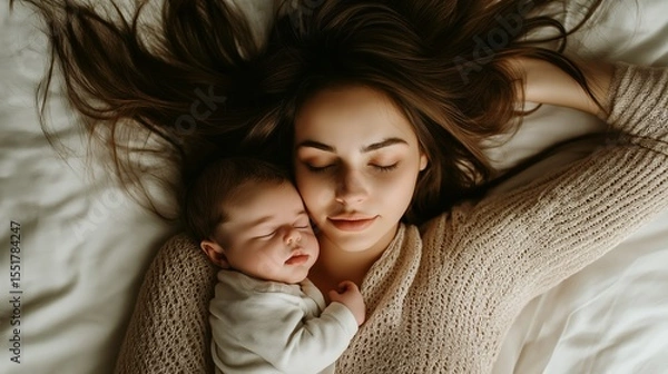Obraz Young caucasian mother and her newborn baby rest together peacefully on a bed, faces gently touching as they sleep. A tender and intimate moment of bonding and maternal love in a serene home setting
