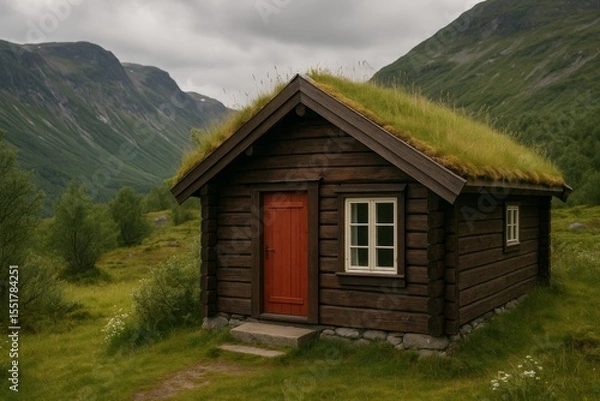 Obraz Scenic view of a classic wooden Norwegian hytte with a green grass roof, red door, and stone chimney nestled in a peaceful mountain valley near a lake under a cloudy sky.