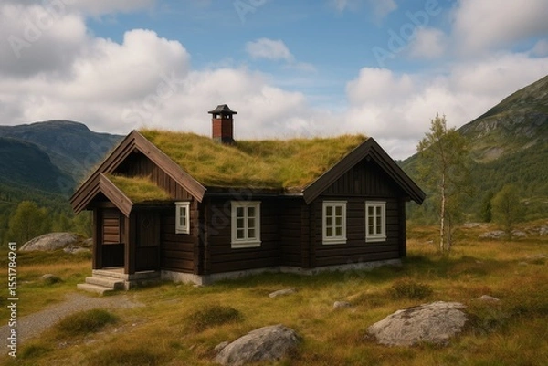 Obraz Scenic view of a classic wooden Norwegian hytte with a green grass roof, red door, and stone chimney nestled in a peaceful mountain valley near a lake under a cloudy sky.
