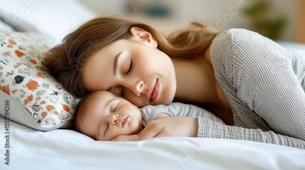 Obraz Young caucasian mother and her newborn baby rest together peacefully on a bed, faces gently touching as they sleep. A tender and intimate moment of bonding and maternal love in a serene home setting