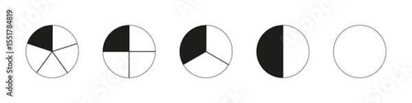 Fototapeta Circle division on from 1 to 5 equal parts. Round divided diagrams with from one to five segments. Coaching blanks. Infographic patterns. Pizza, pie charts set. Segmented pinwheel. Outline graphics.