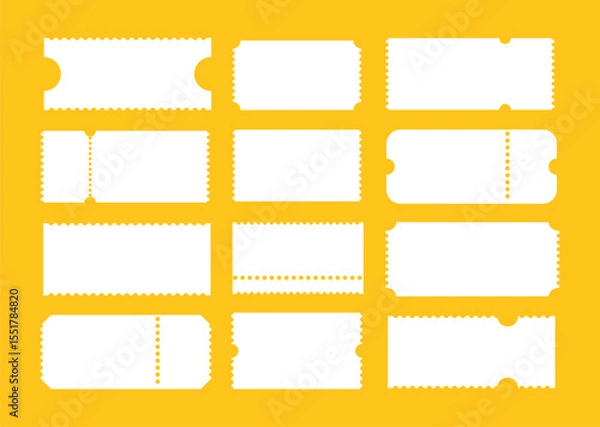 Fototapeta Ticket set. Admit one tickets. Vintage, retro ticket concert, festival event, movie theatre simple coupons. Empty minimal template. Printable, digital samples icons. Ticket patterns. Blank background.