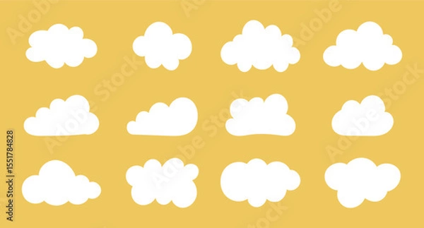 Fototapeta Flat clouds. Weather elements minimalist templates. Fluffy clouds. Puffy, cumulus clouds. Objects cloudscape. Cloudy forms patterns. Hand drawn white cute samples.
