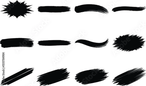 Obraz Set of black ink brush strokes and textures on white background for grunge art, paint, or abstract design