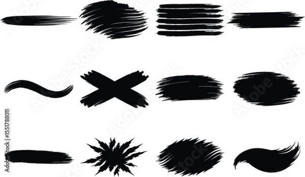 Obraz Set of grunge black brush stroke textures and paint smudges for banner design, art elements, or background