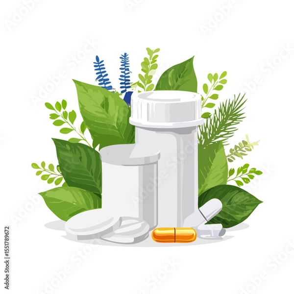 Obraz Medical Illustration: Medication Bottles, Pills, and Herbal Accoutrements