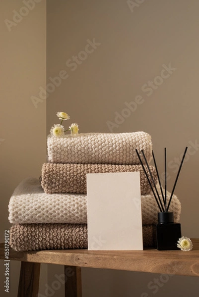 Fototapeta Stack of towels in neutral colors, aroma diffuser and paper blank in modern aesthetic interior. Fabric bathroom accessories for hygiene, spa and skin care.