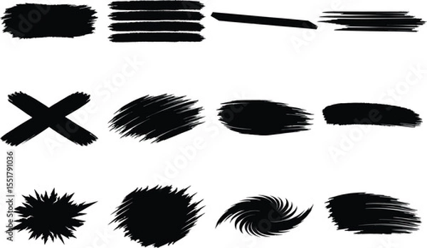 Obraz Abstract black brush stroke shapes on white background, hand-drawn ink marks, grunge paint textures, dry brush smears and sketch swatches, bold artistic elements for creative graphic design