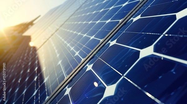 Fototapeta Solar Panel Array Technology Background: High-Resolution 3D Render of Photovoltaic Systems with Realistic Solar Panel Arrays – Ideal for Renewable Energy Projects, Green Technology Visuals, Sustainabl