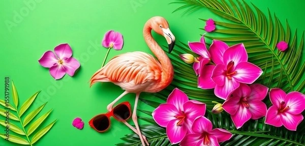 Obraz Pink flamingo, tropical leaves, orchids, & summer party accessories on vibrant green background Flat lay, copy space,  nature,  art