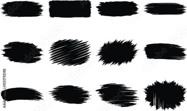 Obraz Brush strokes isolated on white background, grunge sketch texture swatches, ink smear shapes, dry brush paint elements, rough artistic stroke marks for graphic design