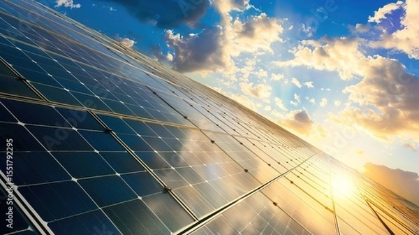 Fototapeta Solar Panel Array Technology Background: High-Resolution 3D Render of Photovoltaic Systems with Realistic Solar Panel Arrays – Ideal for Renewable Energy Projects, Green Technology Visuals, Sustainabl