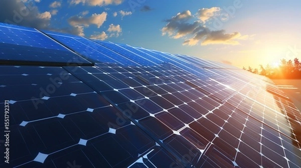 Fototapeta Solar Panel Array Technology Background: High-Resolution 3D Render of Photovoltaic Systems with Realistic Solar Panel Arrays – Ideal for Renewable Energy Projects, Green Technology Visuals, Sustainabl