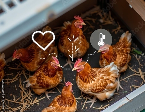 Fototapeta chicken coop, heart and thermometer icons above chickens, smart poultry care, digital symbolism, top down view — modern poultry tech