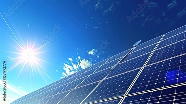 Fototapeta Solar Panel Array Technology Background: High-Resolution 3D Render of Photovoltaic Systems with Realistic Solar Panel Arrays – Ideal for Renewable Energy Projects, Green Technology Visuals, Sustainabl