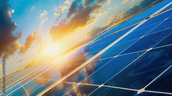 Fototapeta Solar Panel Array Technology Background: High-Resolution 3D Render of Photovoltaic Systems with Realistic Solar Panel Arrays – Ideal for Renewable Energy Projects, Green Technology Visuals, Sustainabl