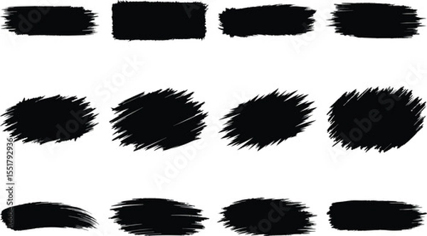 Obraz Grunge black brush strokes set on white background, hand-drawn textured paint blobs, rough ink smear shapes, abstract dry brush elements, artistic sketch swatches for modern graphic design