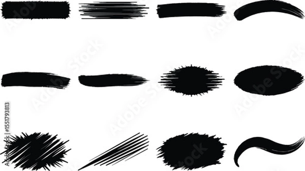 Obraz Hand-drawn black brush strokes isolated on white background, abstract ink smears, textured grunge elements, dry paint swatches, bold artistic sketch shapes, modern creative stroke collection