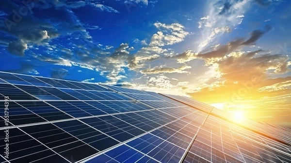 Fototapeta Solar Panel Array Technology Background: High-Resolution 3D Render of Photovoltaic Systems with Realistic Solar Panel Arrays – Ideal for Renewable Energy Projects, Green Technology Visuals, Sustainabl