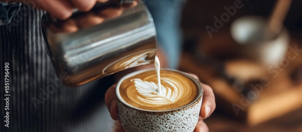 Obraz Barista expertly pours steamed milk into a cup of espresso, creating beautiful latte art.