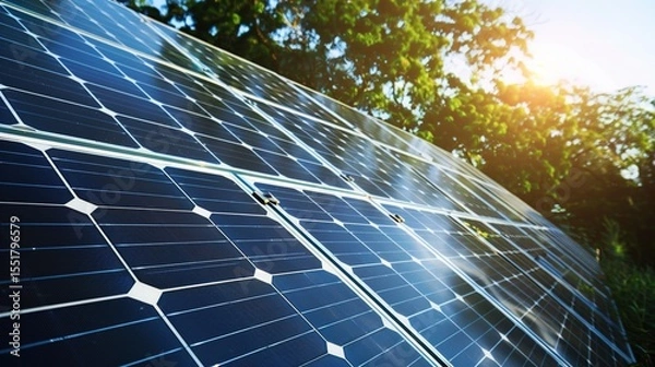 Fototapeta Solar Panel Array Technology Background: High-Resolution 3D Render of Photovoltaic Systems with Realistic Solar Panel Arrays – Ideal for Renewable Energy Projects, Green Technology Visuals, Sustainabl