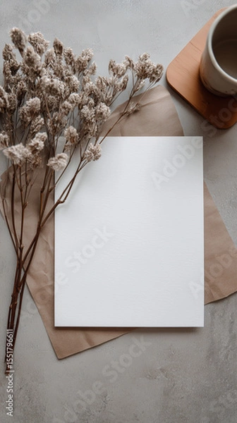 Obraz Blank piece of paper mockup with dried flowers and coffee mug