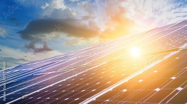 Fototapeta Solar Panel Array Technology Background: High-Resolution 3D Render of Photovoltaic Systems with Realistic Solar Panel Arrays – Ideal for Renewable Energy Projects, Green Technology Visuals, Sustainabl