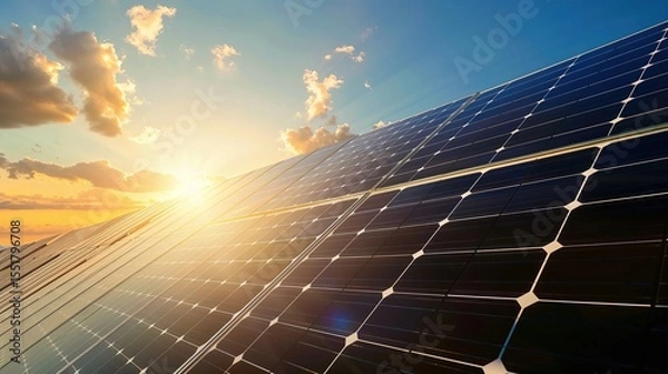 Fototapeta Solar Panel Array Technology Background: High-Resolution 3D Render of Photovoltaic Systems with Realistic Solar Panel Arrays – Ideal for Renewable Energy Projects, Green Technology Visuals, Sustainabl
