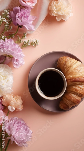 Obraz Cup of black coffee and croissant on a plate on pastel pink background with spring flowers.