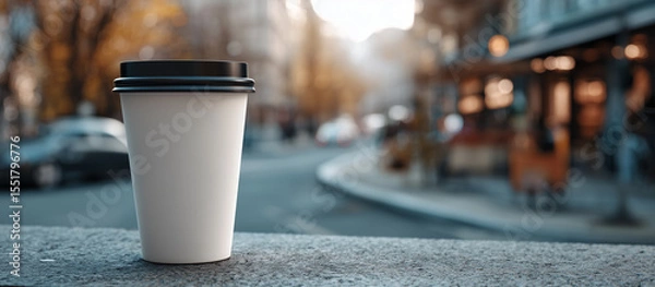 Obraz To-go coffee cup mockup with blank label on urban street background