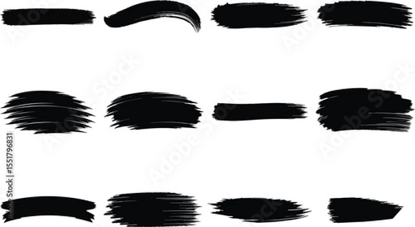 Obraz Black grunge brush stroke set on white background, ink texture collection for abstract design, paint stroke vector pack