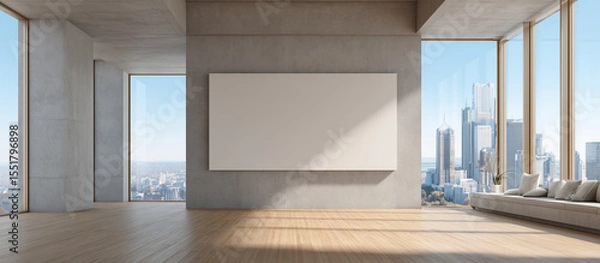 Obraz Modern living room with windows, panoramic city view and a blank canvas mockup on a concrete wall banner.