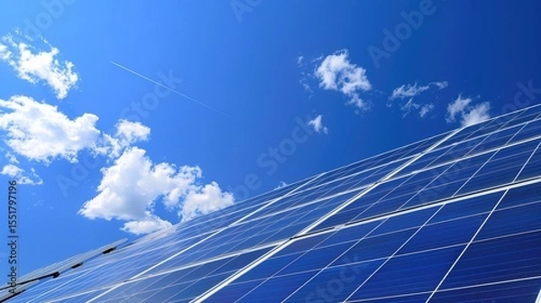 Fototapeta Solar Panel Array Technology Background: High-Resolution 3D Render of Photovoltaic Systems with Realistic Solar Panel Arrays – Ideal for Renewable Energy Projects, Green Technology Visuals, Sustainabl