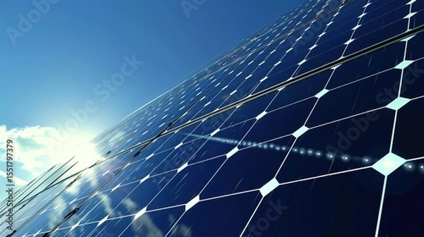 Fototapeta Solar Panel Array Technology Background: High-Resolution 3D Render of Photovoltaic Systems with Realistic Solar Panel Arrays – Ideal for Renewable Energy Projects, Green Technology Visuals, Sustainabl