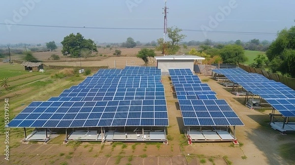 Fototapeta Solar Panel Array Technology Background: High-Resolution 3D Render of Photovoltaic Systems with Realistic Solar Panel Arrays – Ideal for Renewable Energy Projects, Green Technology Visuals, Sustainabl