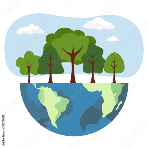 Obraz Ecology concept. People take care about planet. Protect nature. Earth day. Globe with plants and volunteer people. Vector illustration