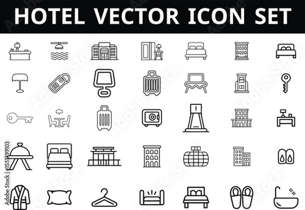 Obraz Hotel Vector Icon Set  Bed, key, robe, safe, room, service, pillow, slippers, spa, hanger, amenities, pool, dining,vector art and illustration