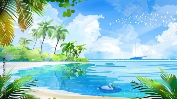 Obraz Summer Tropical Island Style Background Material: Exotic Paradise Scapes, Beach Vibes, and Vibrant Island Aesthetics