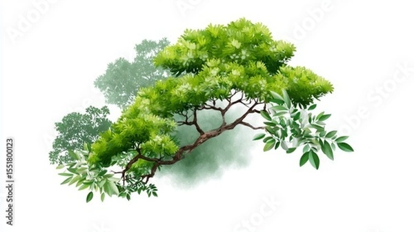 Fototapeta Nature watercolor illustration of lush green trees in serene environment captured from an aerial view for artistic inspiration