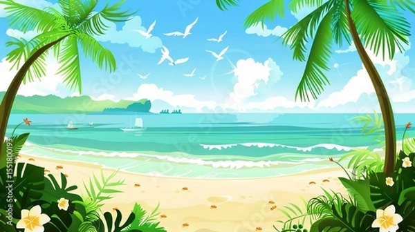Obraz Summer Tropical Island Style Background Material: Exotic Paradise Scapes, Beach Vibes, and Vibrant Island Aesthetics