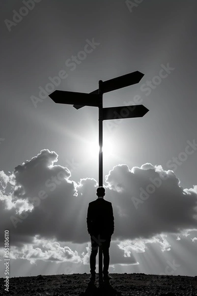 Fototapeta realistic photography silhouette of entrepreneur standing at crossroads with business strategy signs pointing in different directions symbolic visual